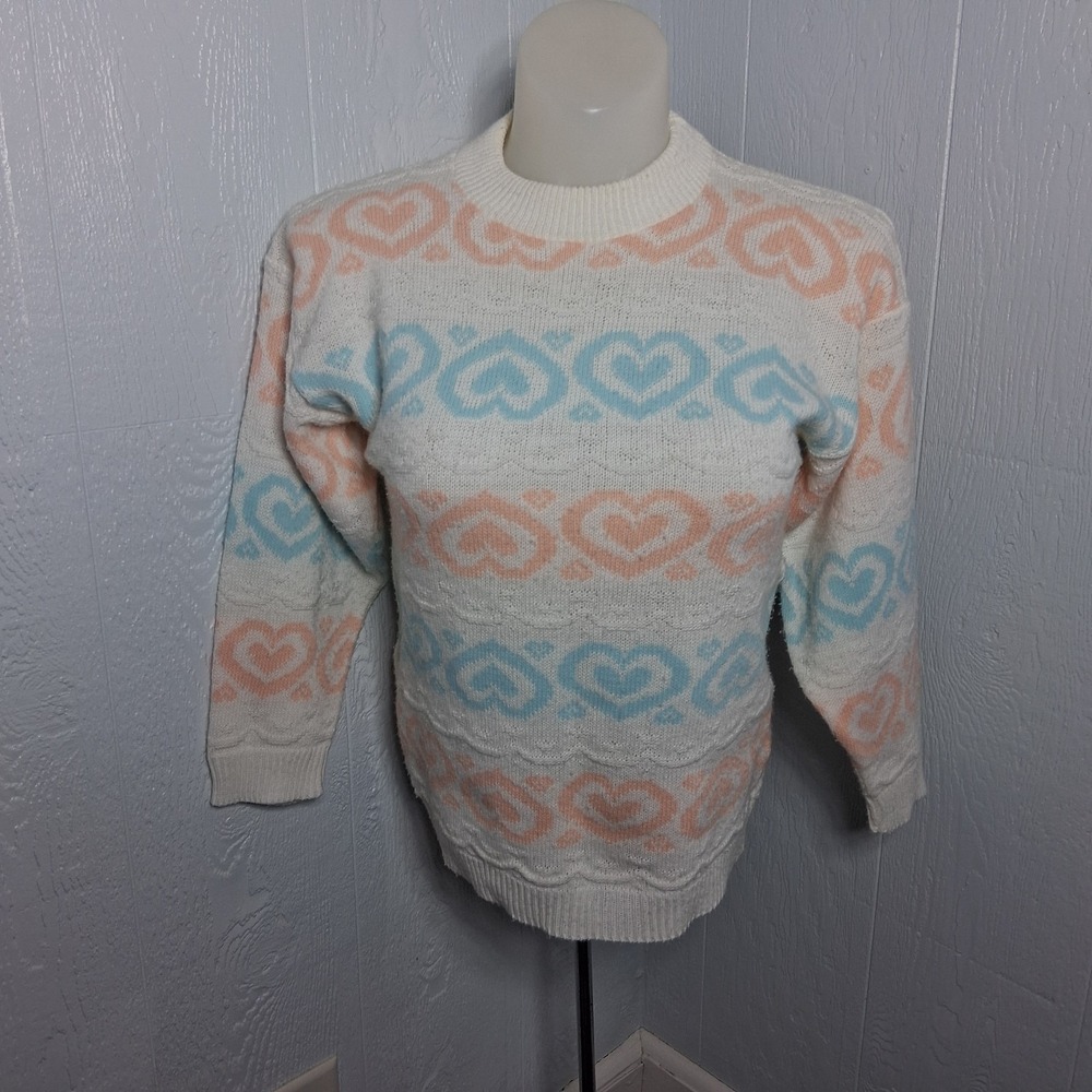 Vintage Pastel Heart Knit Sweater USA 80s Cottagecore Kawaii Soft Girl Coquette